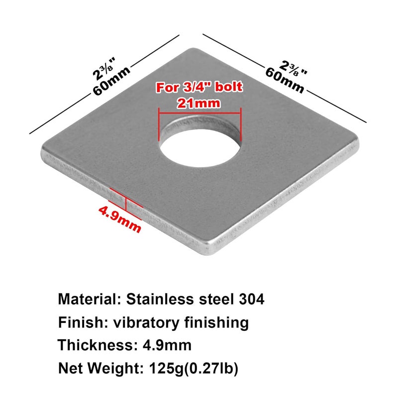 heneng 10 Pcs 304 Stainless Steel Square Plate Washers, 3/4"(ID) x 2-3/8" x 2-3/8", Flat Bearing Plate Fastener, 3/16" Thick - Image 2